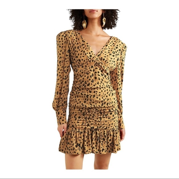 NICHOLAS Ruched Leopard Print Silk Crepe Long Sleeve Mini Dress Size US 4 - Picture 2 of 13
